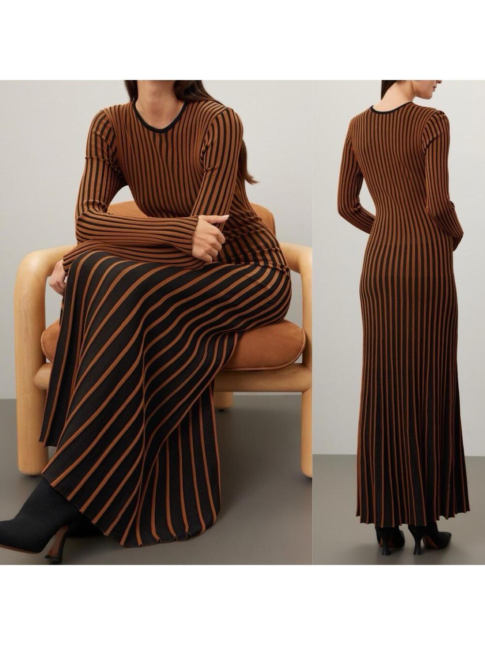$375 STAUD Selma Knit Round Neck Striped Midi Dress - MED **FLAWED**